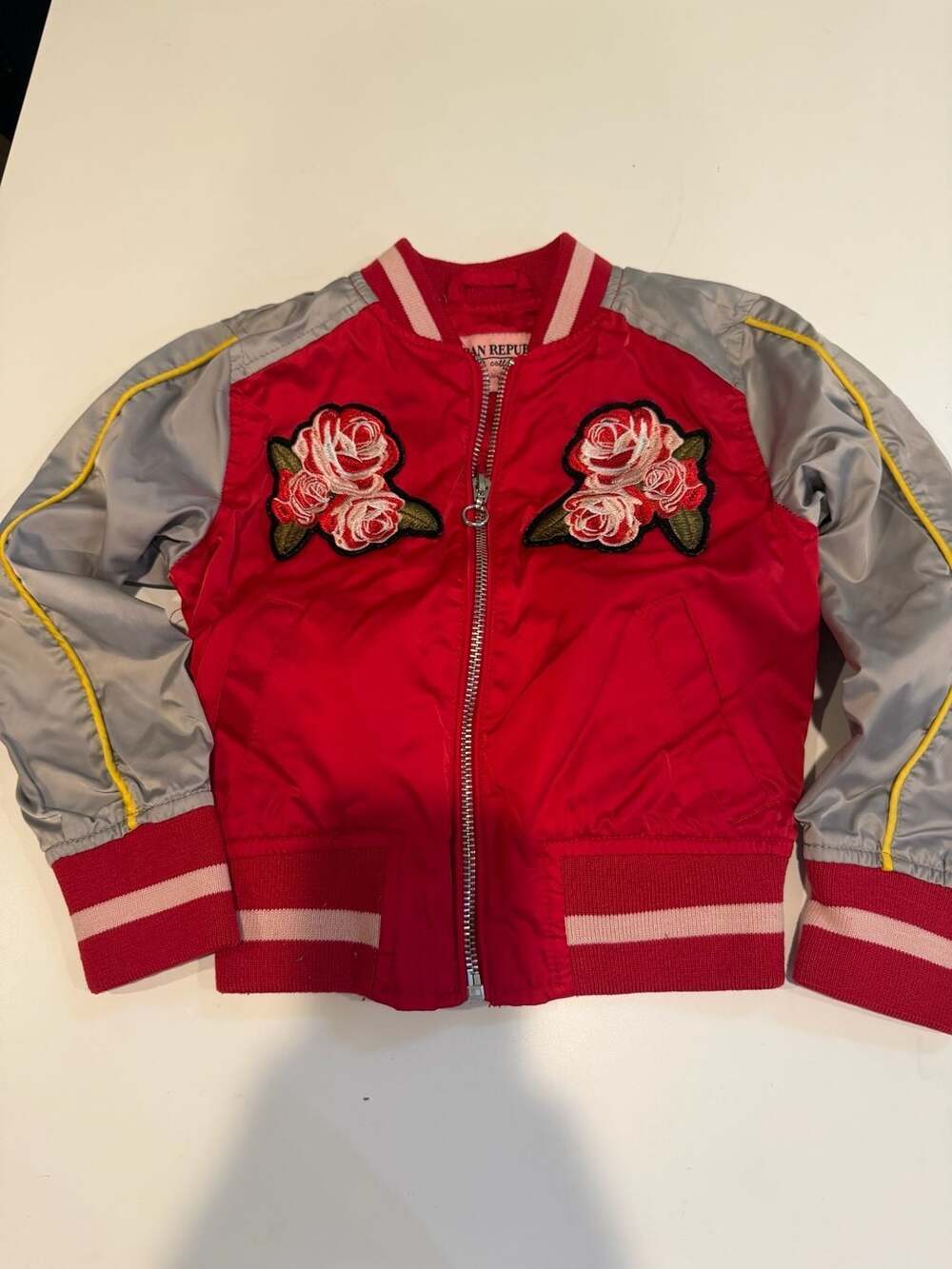 Urban Republic Girls Red Satin Bomber Jacket with Embroidered Rose Appliques